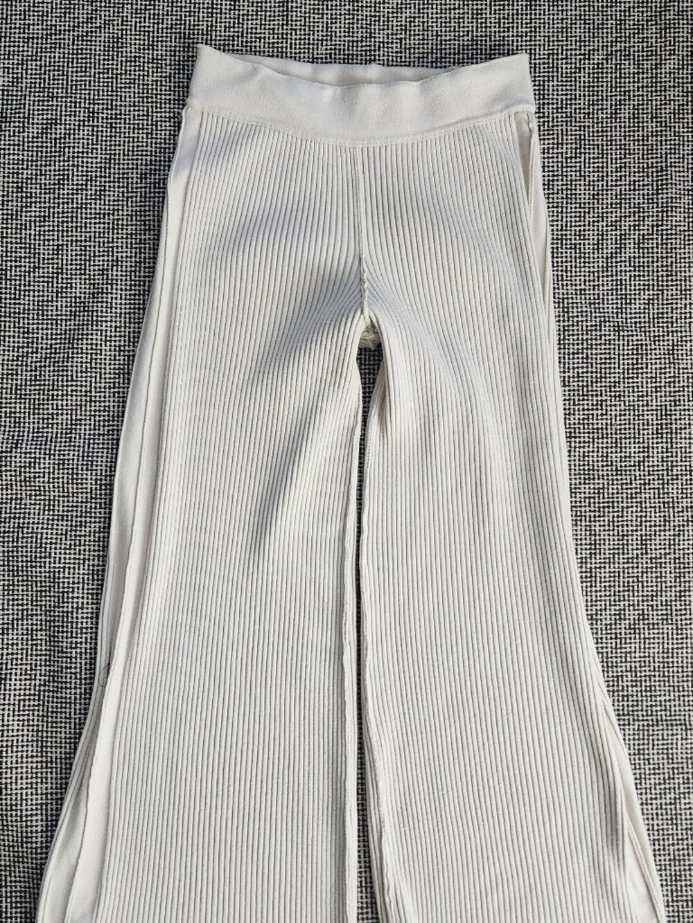 Aerie Ribbed Knit High-Waisted Wide-Leg Flare Lounge Pants in Cream / Off-White.